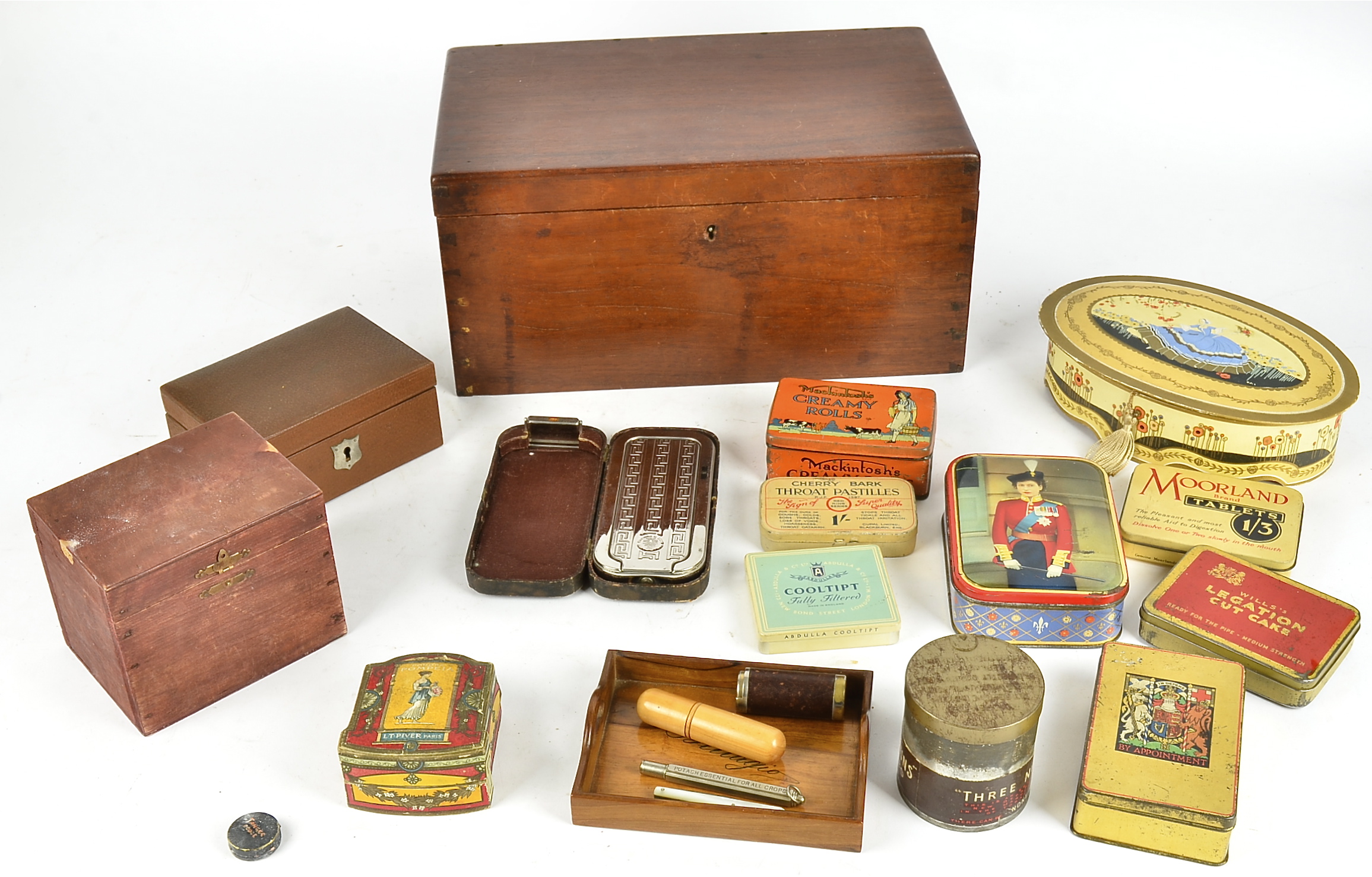 A mahogany box with collectable early 20th Century tins and boxes, to include Mackintosh's Creamy