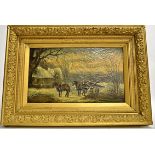 An oil on canvas Wintery landscape of horses pulling a cart, indistinctly signed 'J….', framed