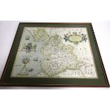 A 20th Century print of an earlier Tudor map of Lancaster, framed and glazed, 39.5cm x 48cm