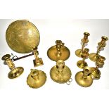 A collection of assorted copper and brassware, to include a branch trench art shell case, height
