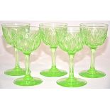 Five early 20th Century green wine glasses, with hobnail diamond decoration, height 12cm (5)