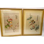 Japanese Embroidered Silk Panels, three framed and glazed examples, including a pair depicting birds