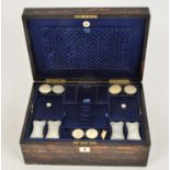 A 19th Century coromandel and mother of pearl sewing box with fitted interior, with blue inner