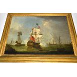 An 18th Century Dutch oil on canvas, a maritime study of a naval battle, no apparent signature, 56.