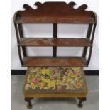 A 20th Century rectangular foot stool, floral tapestry upholstery raised on mahogany cabriole