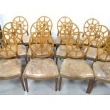 Set of Regency style mahogany and satinwood dining side chairs, mahogany frames with openwork spider