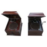 Two table grand gramophones, in mahogany cases: HMV Model 109, with brass-backed No 4 soundbox (case