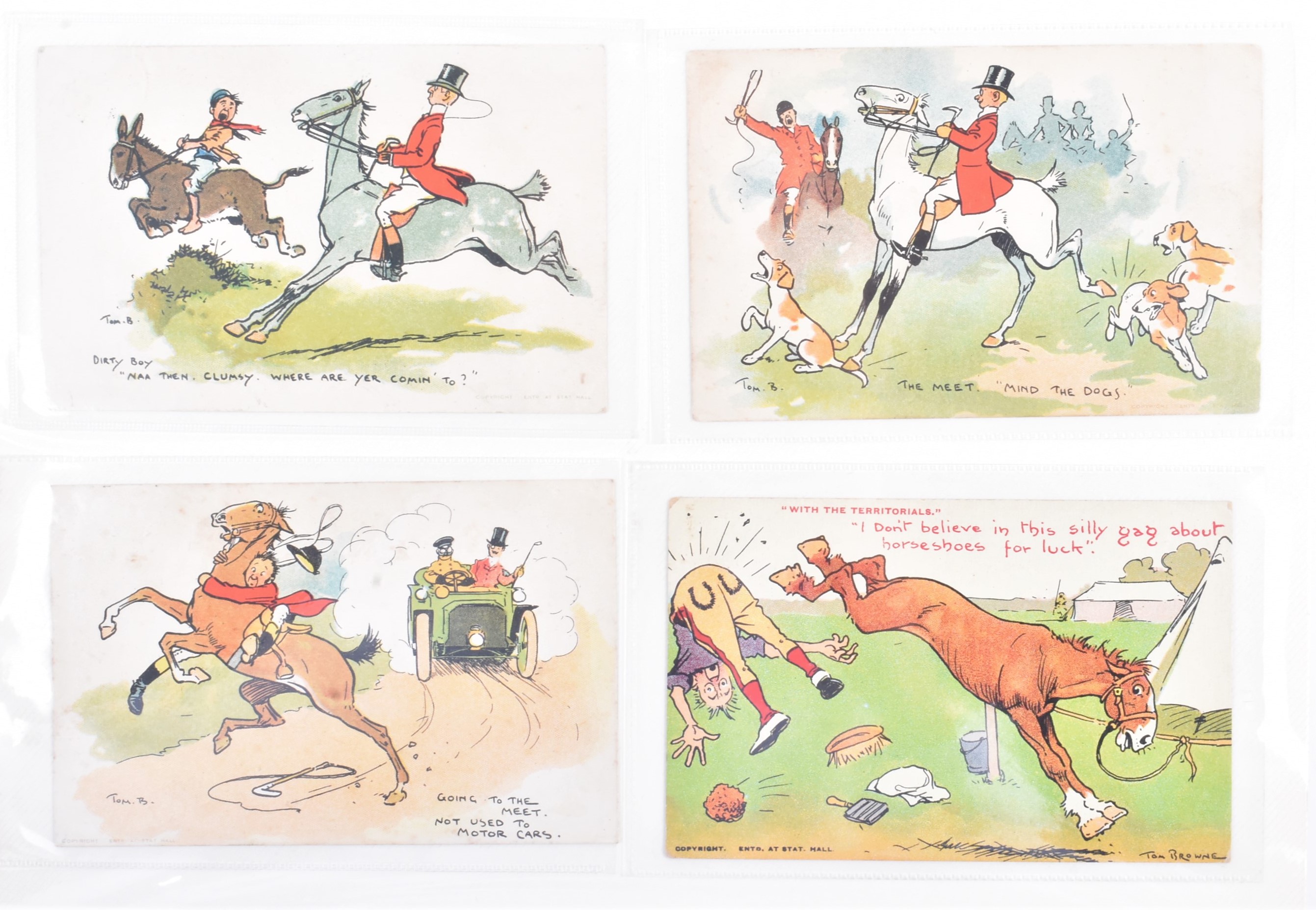 A substantial collection of Tom Browne postcards, comic cartoon subjects including cricket, army,