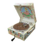 A portable gramophone, Decca Nursery model, with Dora Roderick decoration and nickelled Decca