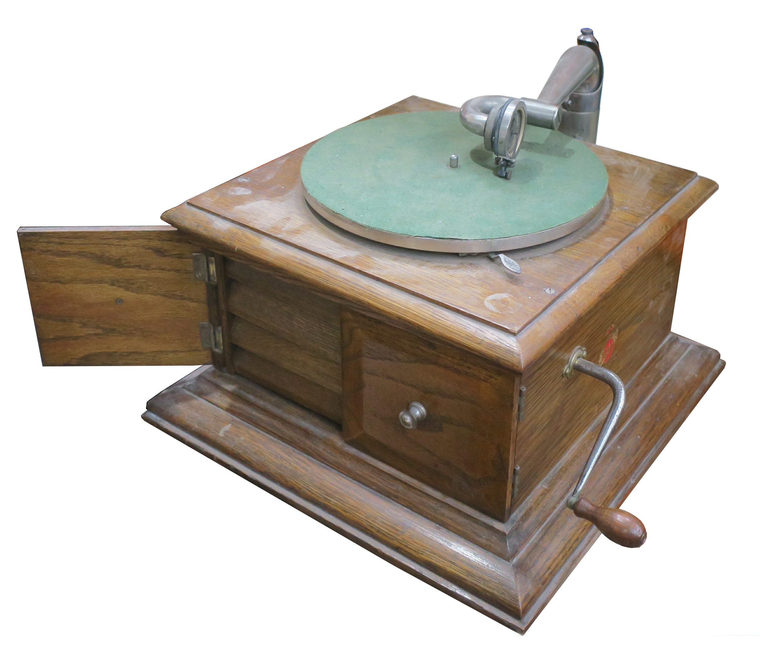 A hornless gramophone, HMV Model 1, in oak case with HMV Exhibition soundbox (gaskets hard),supplied