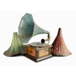 A horn gramophone, with Pathé Concert soundbox with stylus, and blue flower horn; and two other