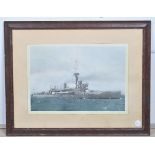 An oil on canvas of a battleship and submarine at sea, AF, together with a print of a battleship,