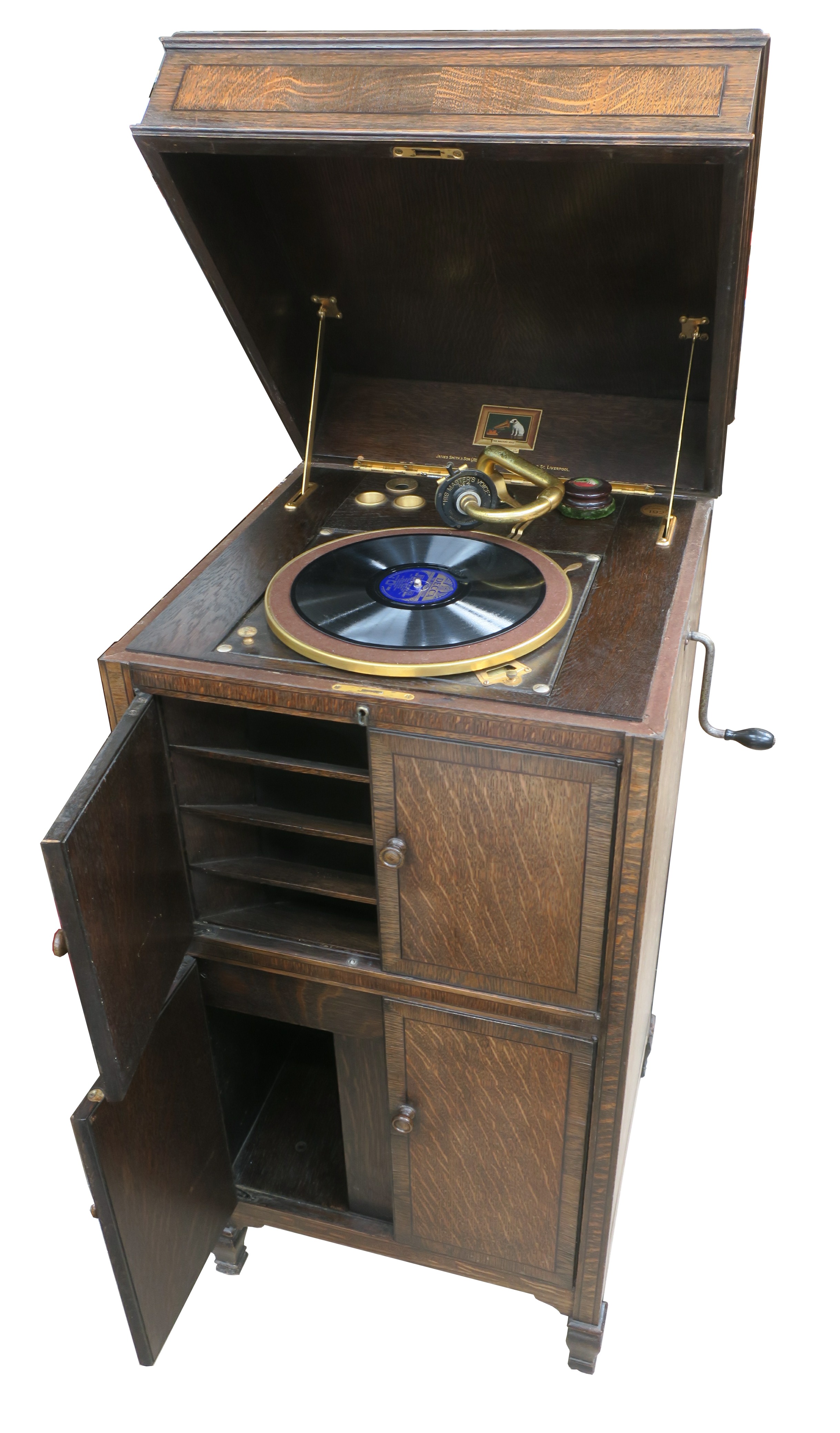 A cabinet gramophone, HMV Model 192, with No 4 soundbox and 'saxophone' internal horn, oak case with