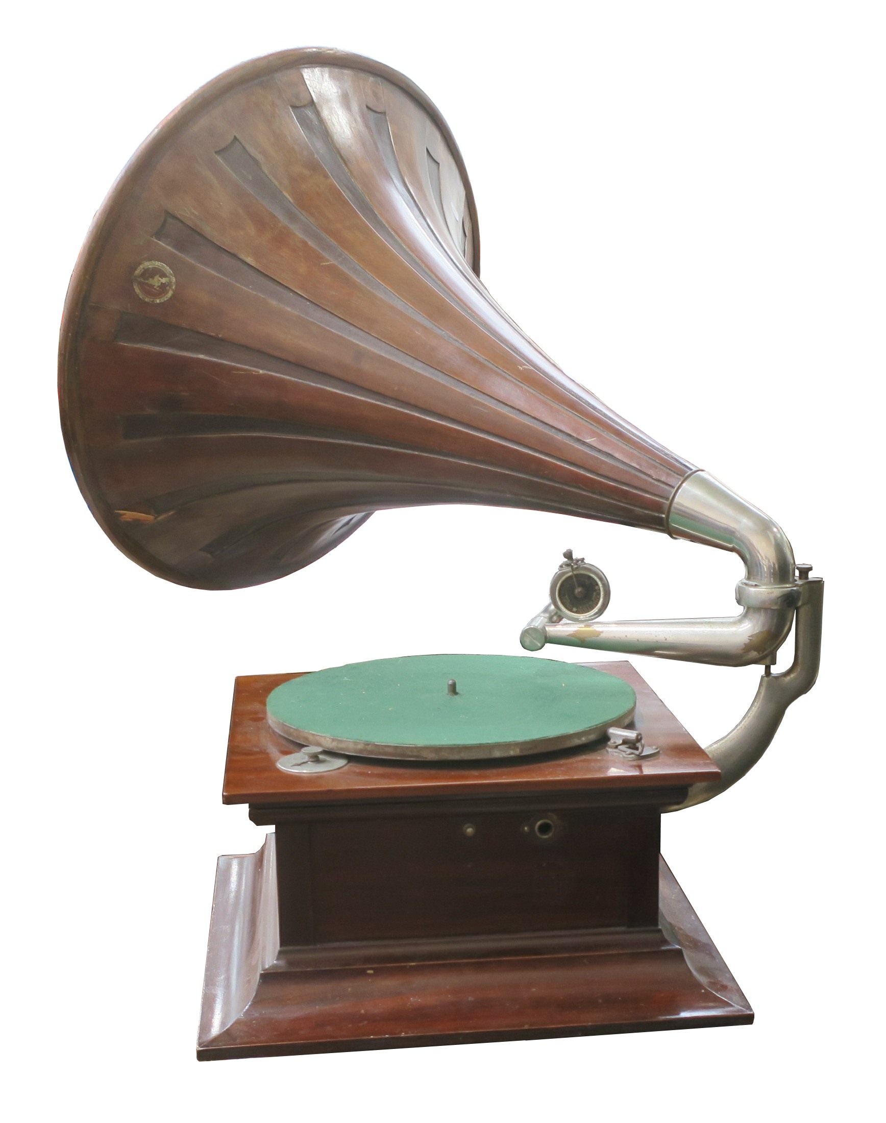 A horn gramophone, HMV Model VIIA with mahogany case and fluted horn, USA Gram. Co Exhibition