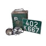A vintage Esso petrol can, in green, together with a registration plate '402K667' together with a