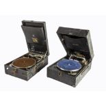 Two portable gramophones, HMV C101G (working order, some mildew inside, no turntable circlip,