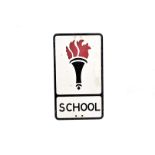 A Vintage Hills School sign, with Torch of Learning to the front with red flame, marked EUS 5060