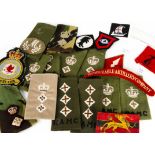 A collection of cloth badges and epaulettes, including RAMC, Gurkhas, HAC and more, plus a selection