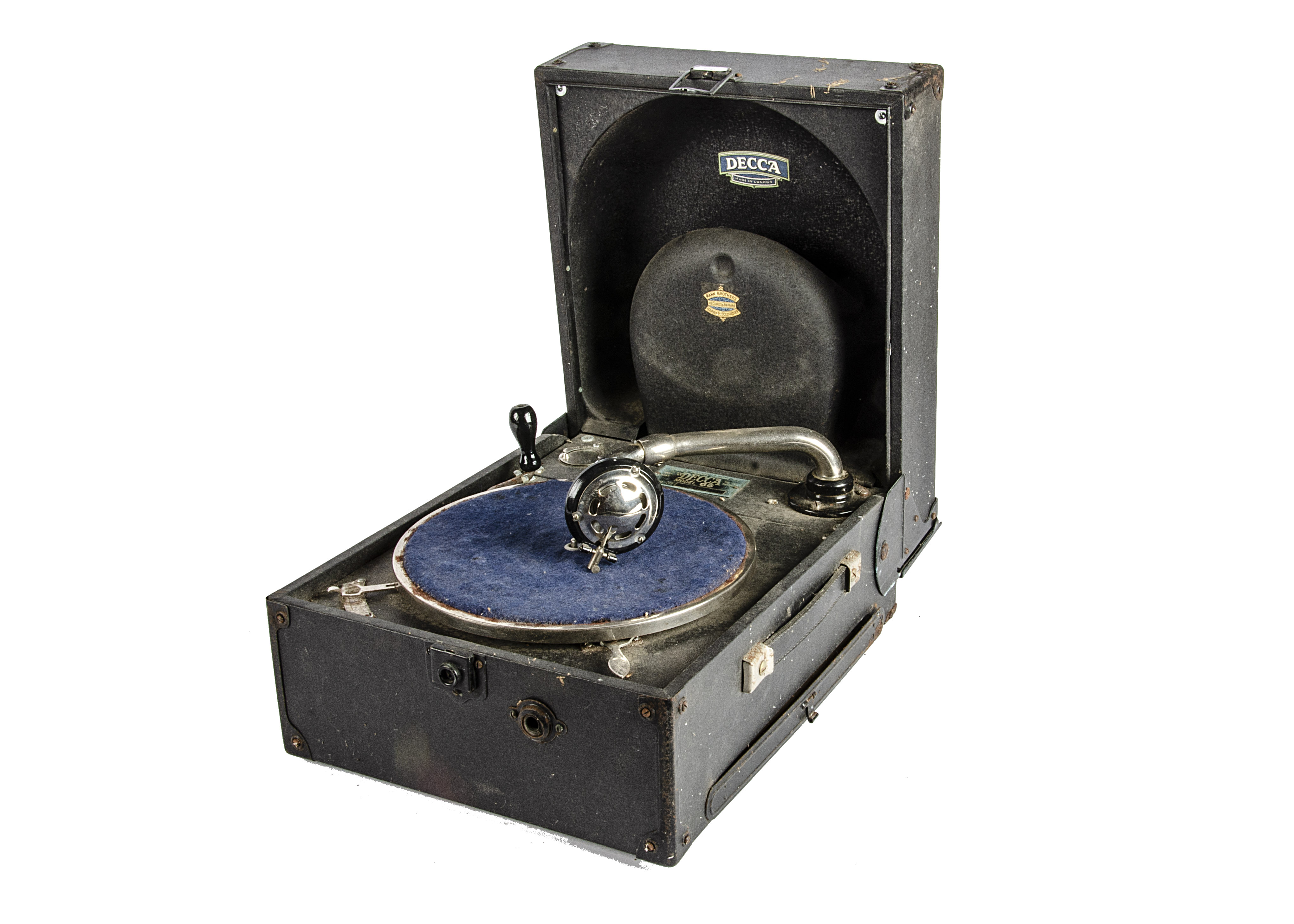 A portable gramophone, Decca 66, with replacement soundbox, internal horn connecting to lid,