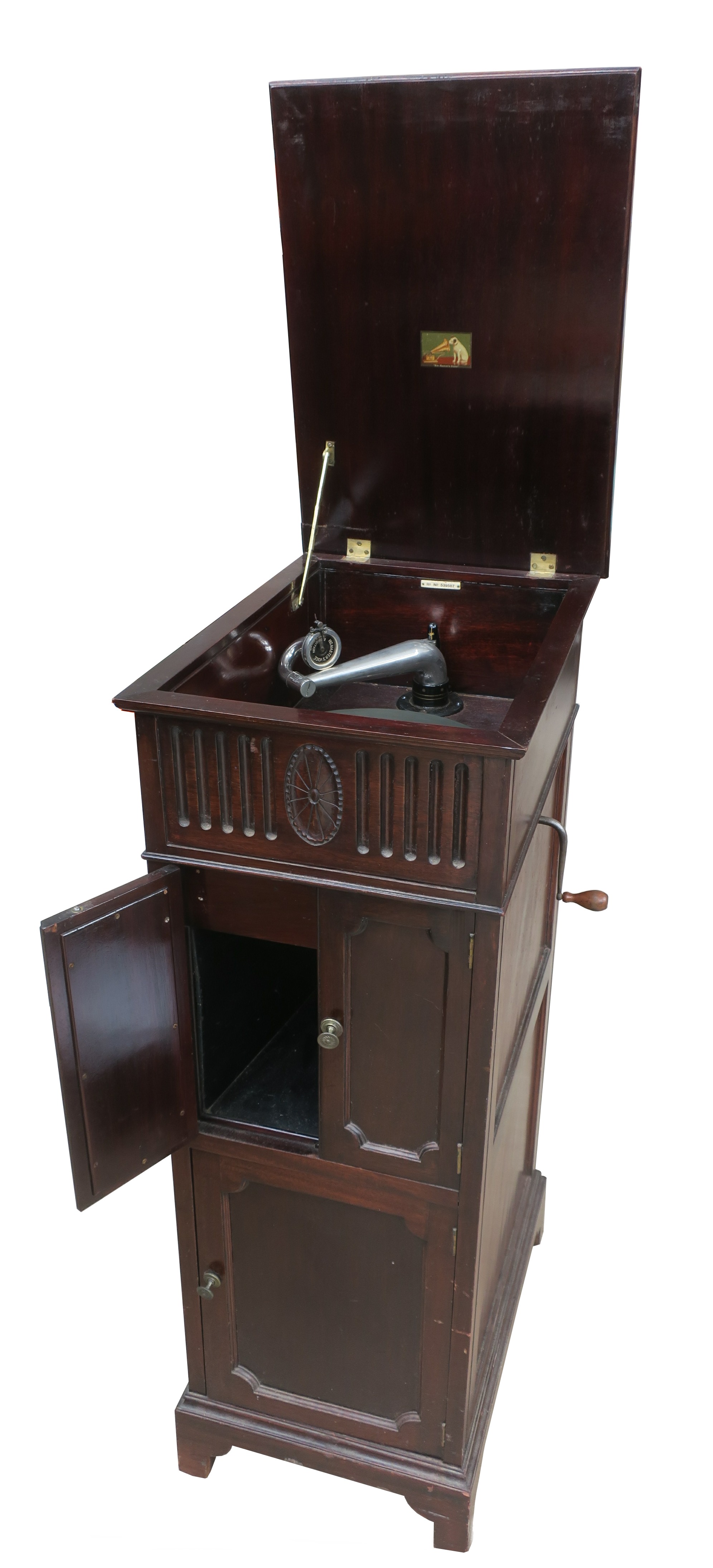 A cabinet gramophone, HMV Junior Grand in mahogany case with (later) HMV Exhibition soundbox, and