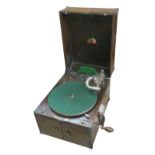 A portable gramophone, HMV Model PAO, in oak case with two lid catches and HMV Exhibition