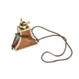 A mahogany and brass triangular powder flask, the wooden flask with applied brass mounts, unnamed,