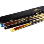 A signed 'The Crown' snooker/pool cue, signed John Higgins, in hard case, together with a Cliff