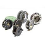 An assortment of six vintage fishing reel, various sizes, styles and ages, all unnamed, 2½" - 4" (