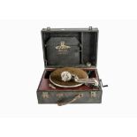 A portable gramophone, Academy Senior, with Academy soundbox, red enamelled metal motor-board and