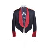 A black and crimson formal dress uniform, comprising jacket, waistcoat and trousers, together with