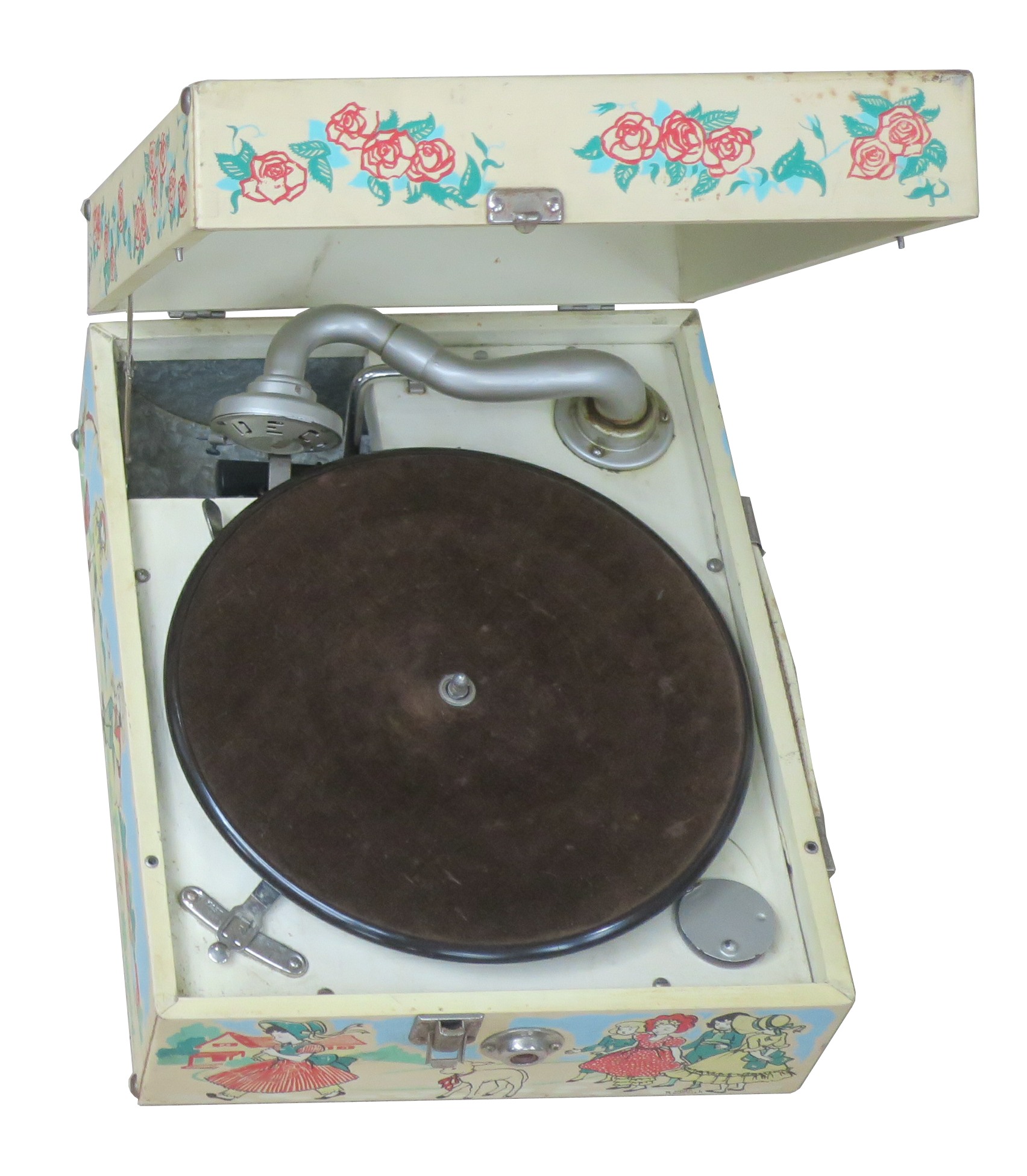 A portable gramophone, Decca Nursery model, with Dora Roderick decoration and Decca Meltrope