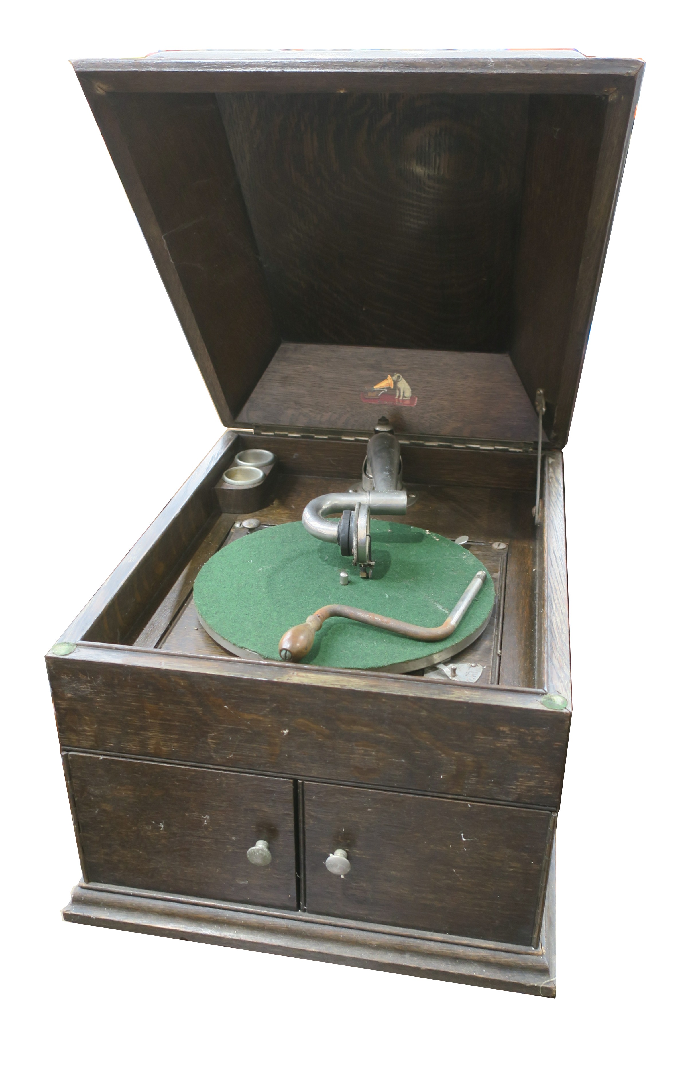 A table grand gramophone, HMV Model 6, in oak case with HMV Exhibition soundbox (motor runs, general