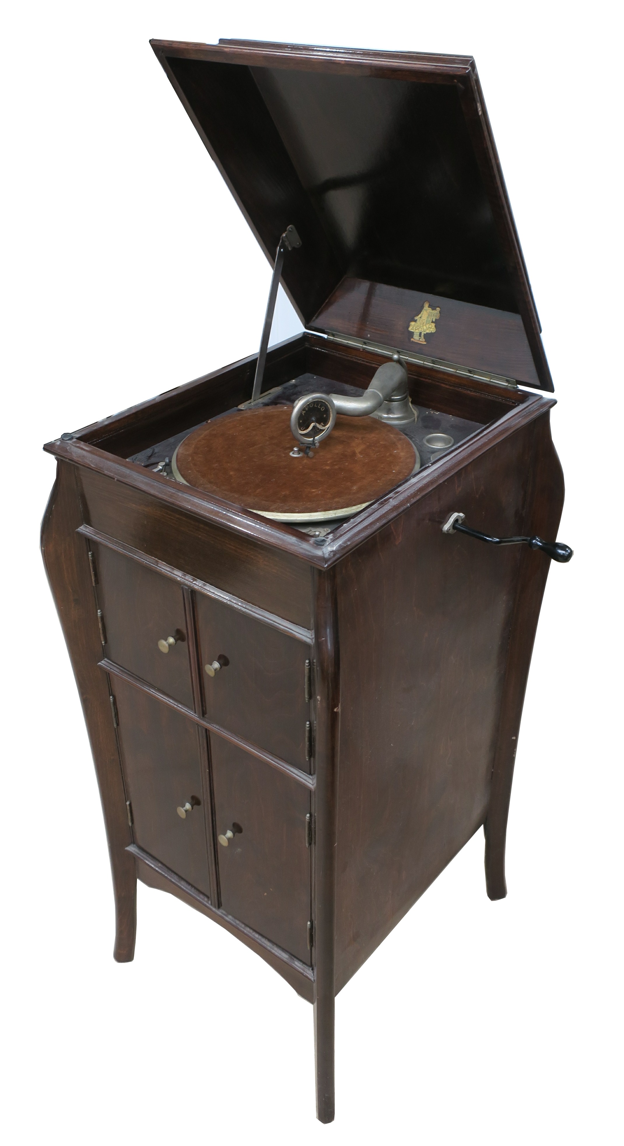 A cabinet gramophone, Apollo, in mahogany case, with Apollo Junior soundbox (gaskets decayed, motor