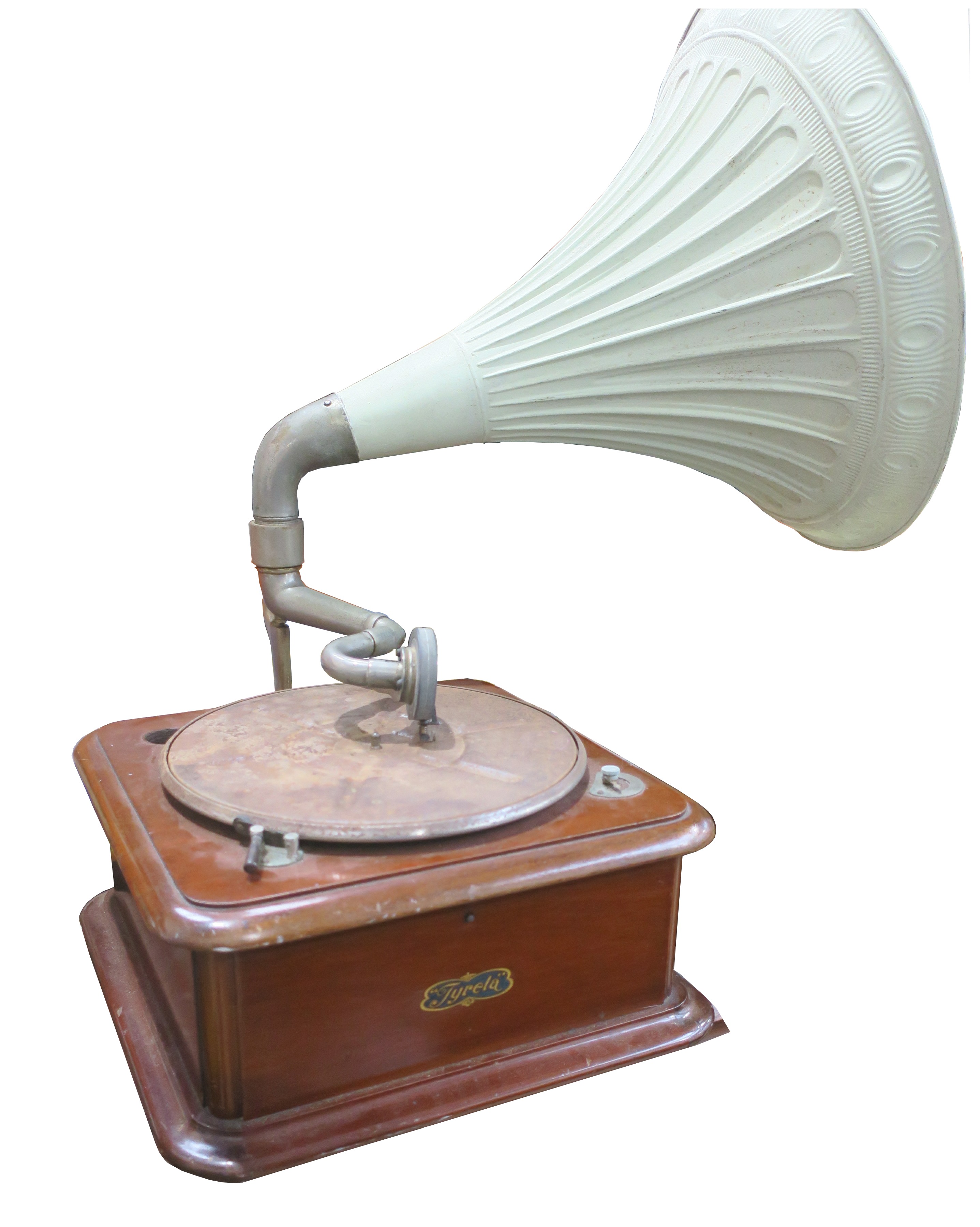 A horn gramophone, Tyrela, with mahogany case, Garrard motor, Magnet type soundbox and repainted - Image 2 of 2