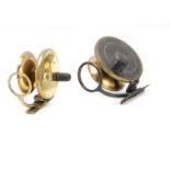 Two Malloch's Patent side casting brass fishing reels, 4'' and 3¼'', the small also marked Haynes