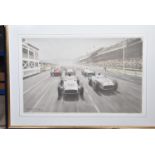 R.A Nockolds limited edition print, The Work's Mercedes W196s, depicting the start of the British