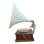 A horn gramophone, Tyrela, with mahogany case, Garrard motor, Magnet type soundbox and repainted