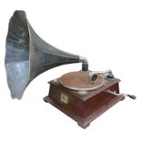 A horn gramophone, HMV Model 32, with mahogany-finished teak case, No. 4 soundbox, quadruple-