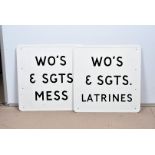 Six aluminium military signs, comprising WO's & Sgts Mess/Latrines and Sleeping Quarters, W.R.A.C