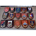 A selection of 15 Army Cadet Force wooden wall plaques, including Devon, Kent, City of London,