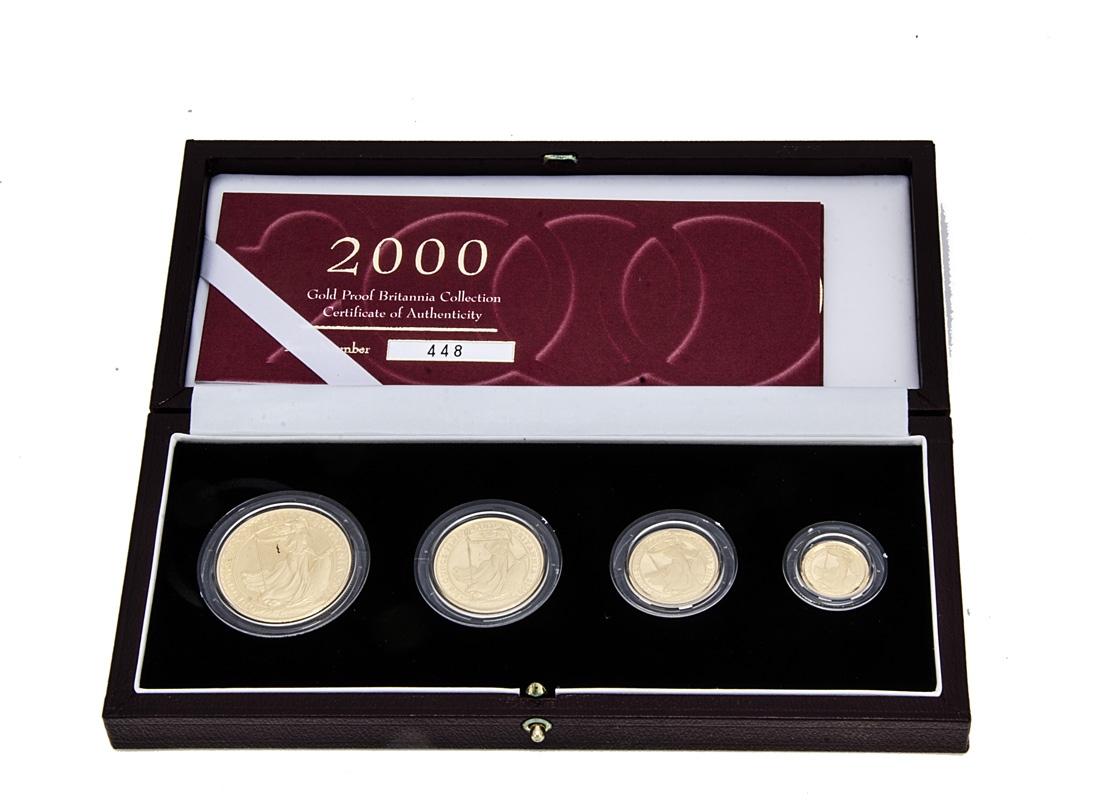 A modern Royal Mint 2000 UK Gold Proof Britannia Collection Four Coin Set, in fitted box with