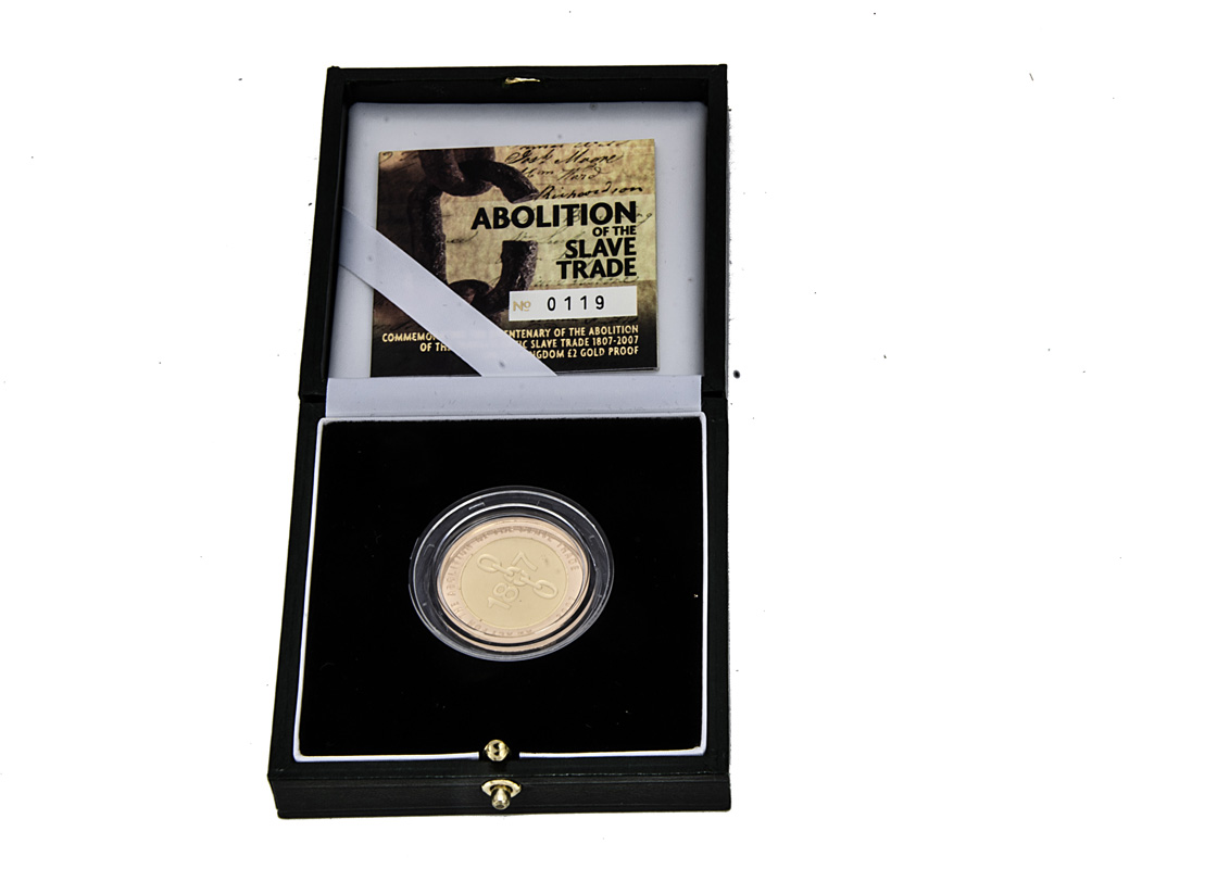 A modern Royal Mint UK Gold Proof £2 Coin, commemorating the Bicentenary of the Abolition of the