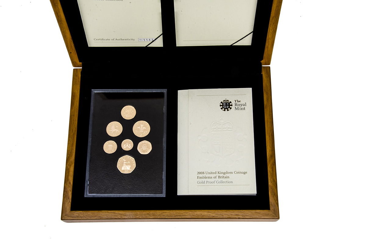 A modern Royal Mint 2008 United Kingdom Coinage Emblems of Britain Gold Proof Collection, the