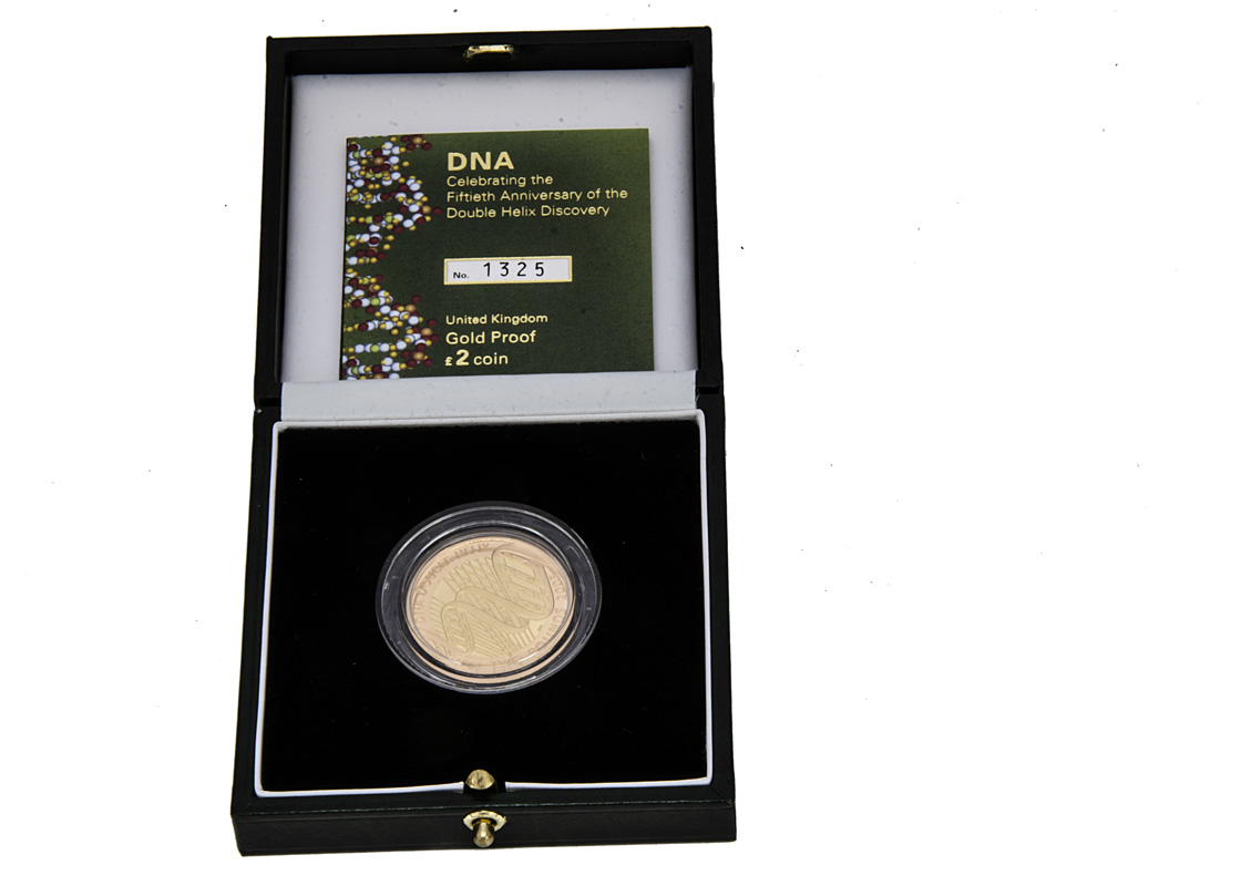 A modern Royal Mint UK Gold Proof £2 Coin, commemorating the Fiftieth Anniversary of the Double