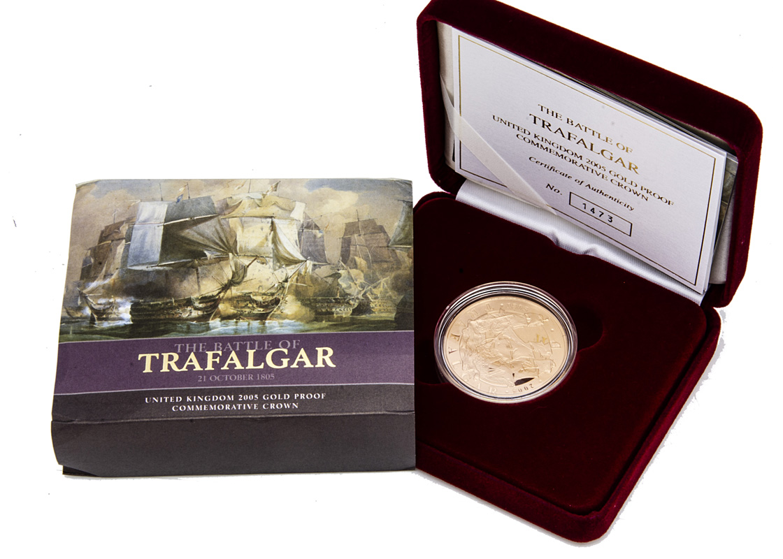 A modern Royal Mint UK 2005 Gold Proof Commemorative Crown, celebrating the Battle of Trafalgar,