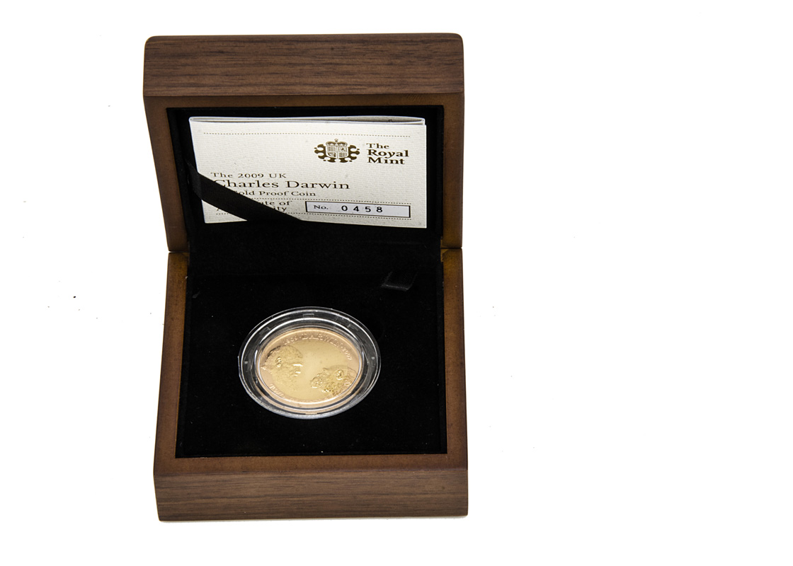 A modern Royal Mint The 2009 UK Charles Darwin £2 Gold Proof Coin, in fitted box with certificate