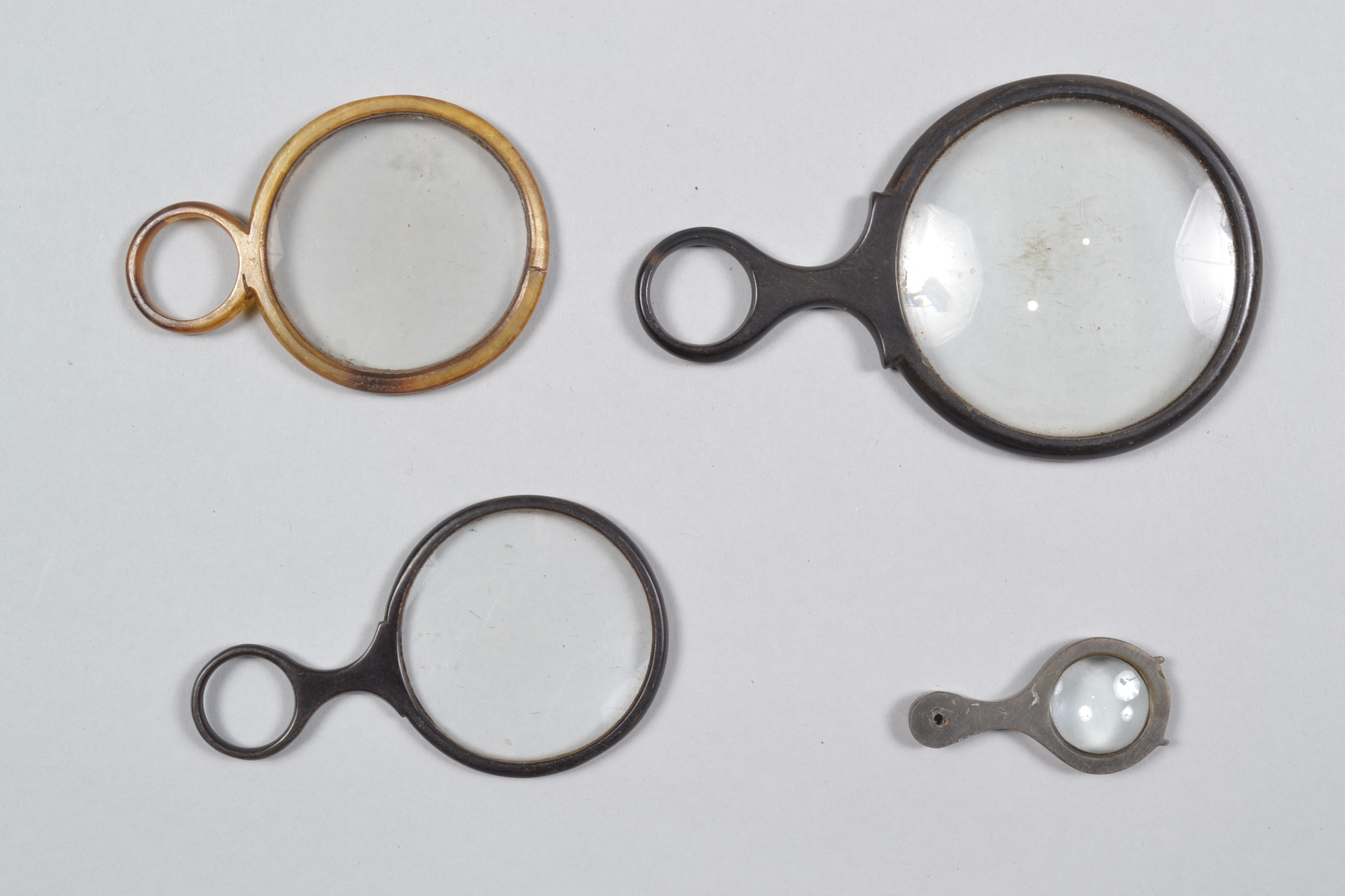 18th Century or 19th Century Horn Reading Glasses or Magnifiers, 70mm, 55mm, 53mm, 24mm diam., F-