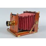 A Half Plate Mahogany Field Camera Body, tapered red bellows, rack & pinion focusing, screen