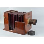 A Large Mahogany Tailboard Camera, 12 x 12in, square cornered, straight maroon bellows, no