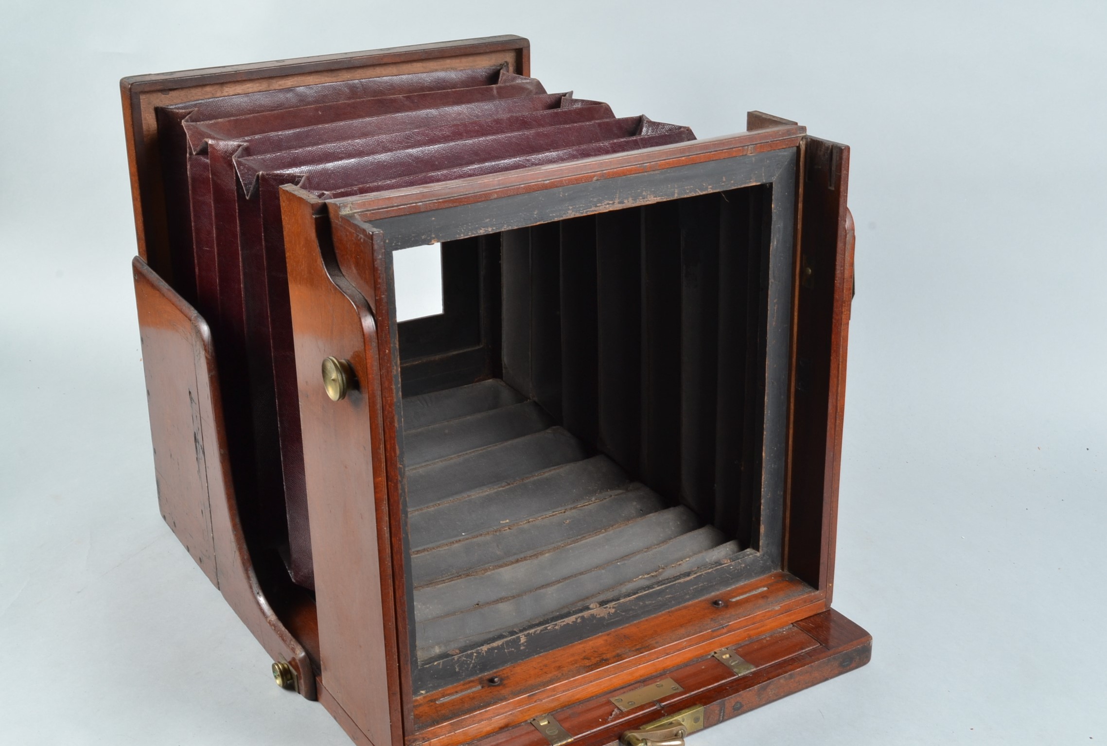 A Large Mahogany Tailboard Camera, 12 x 12in, square cornered, straight maroon bellows, no - Image 4 of 7